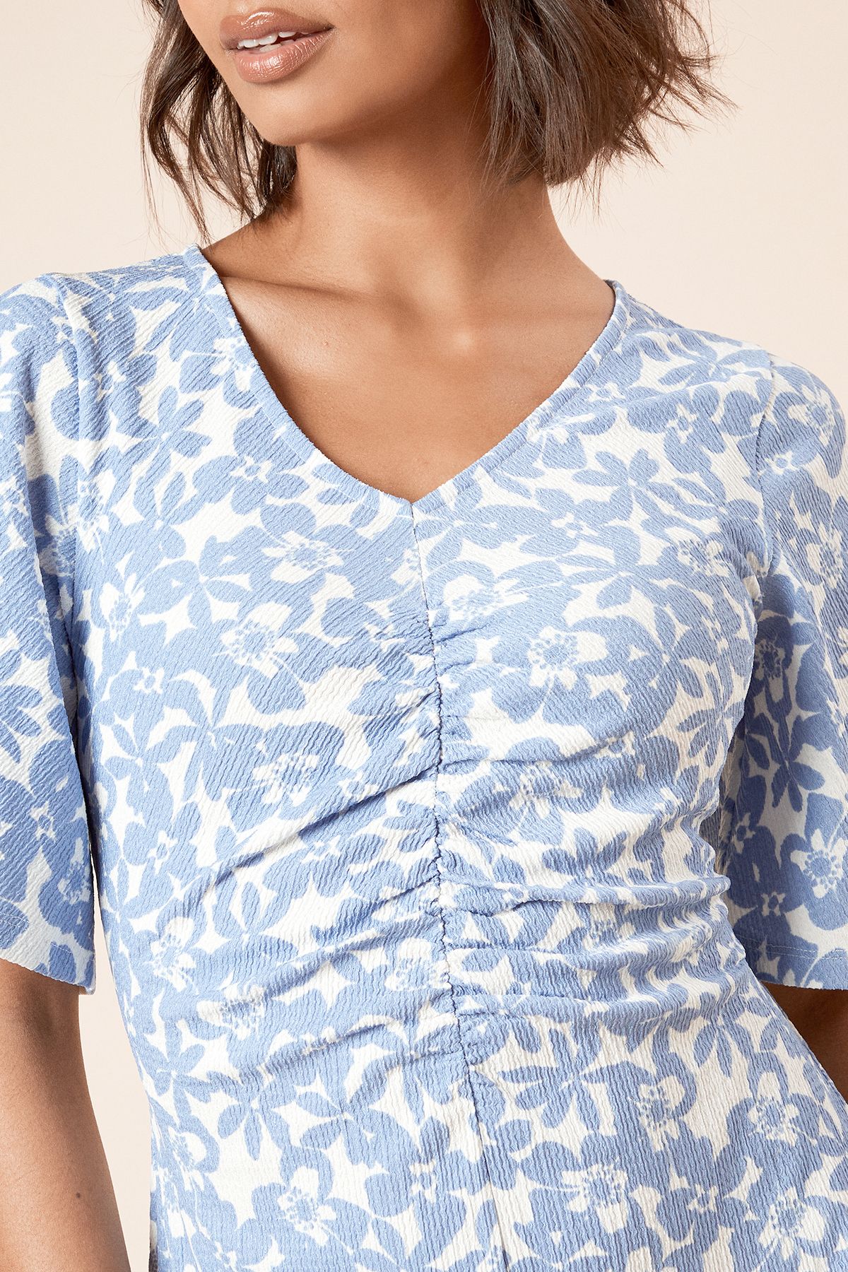 Dorothy Perkins Blue Floral Angel Sleeve Ruched Front Jersey Midi Dress Floral image 5