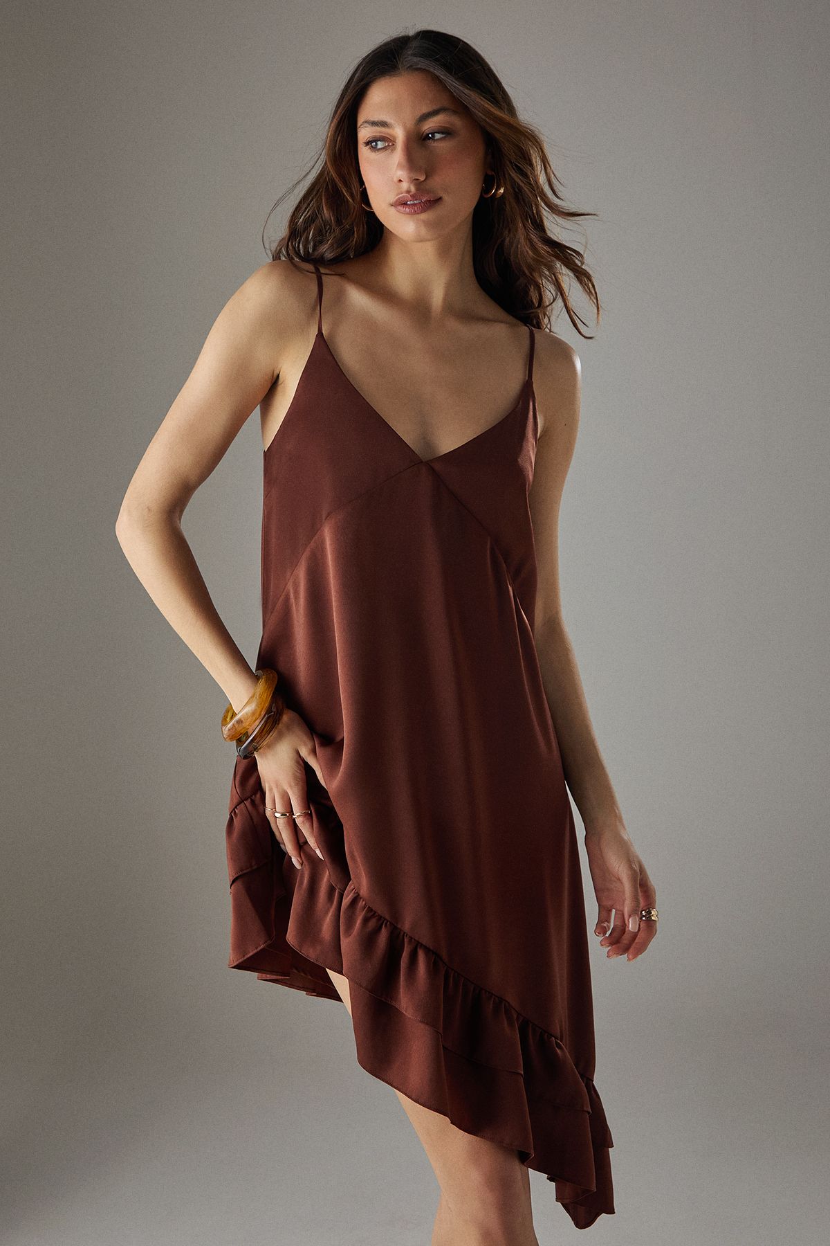 Warehouse Satin Asymmetric Ruffle Mini Strappy Dress Chocolate image 2