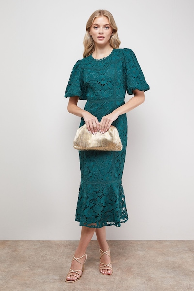 Oasis Lace Trim Detail Puff Sleeve Peplum Midi Dress Green