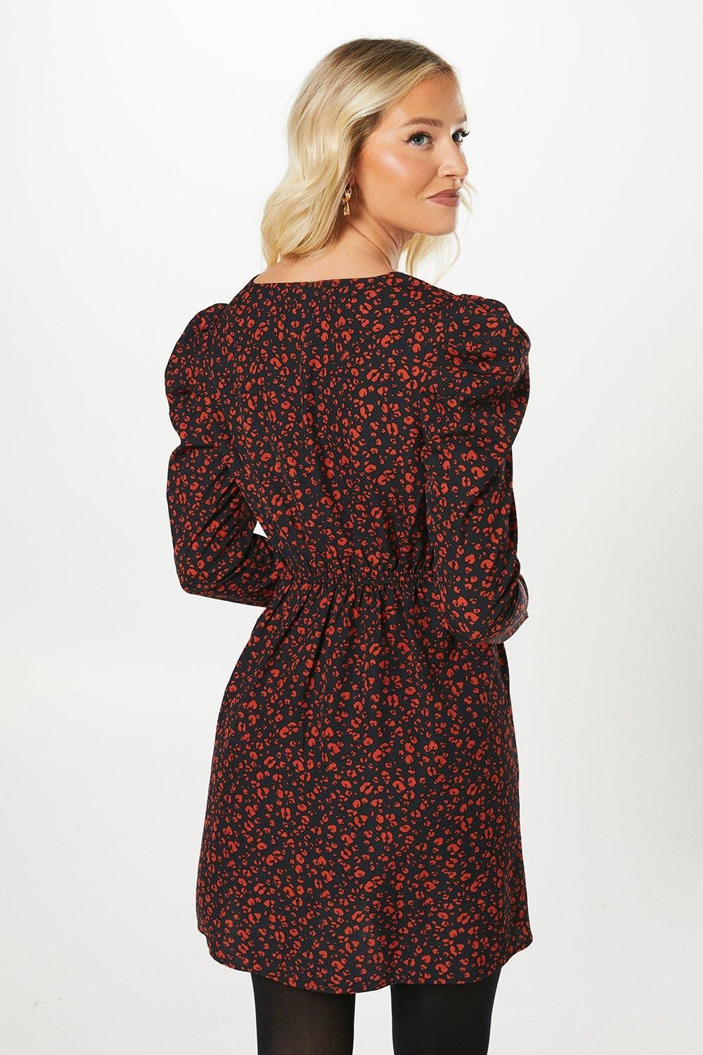 Dorothy Perkins Red Animal Empire Wrap Long Sleeve Mini Dress Black image 3