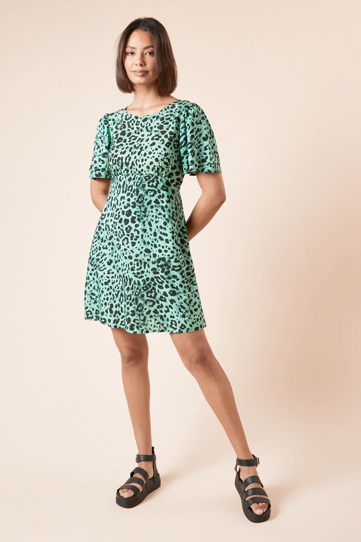 Dorothy Perkins Green Animal Double Frill Angel Sleeve Mini Dress Green image 2