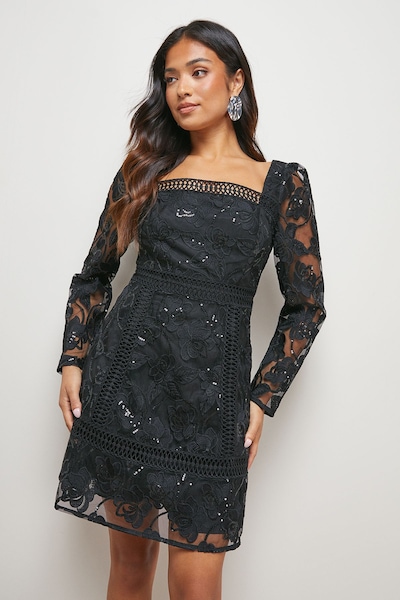 Oasis Petite Lace Trim Detail Mini Dress Black