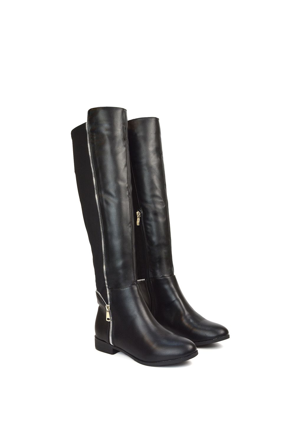 XY London 'Sutton' Zip Up Flat Heel Knee High Boots With Stretchy Calf image 3