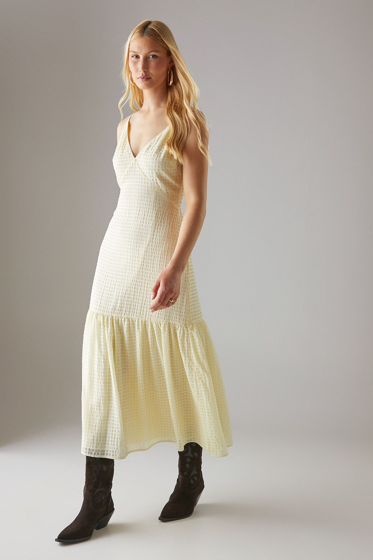 Warehouse Check Organza High Apex Strappy Midi Dress Yellow image 2