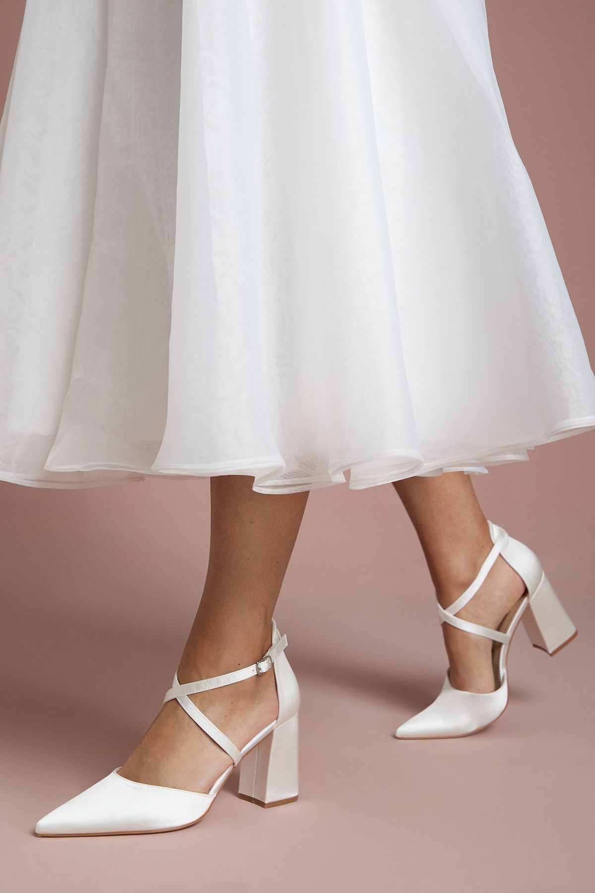 Coast Bridal Wide Fit Treat Satin Cross Strap Pointed Block Heel Court Shoes White image 3