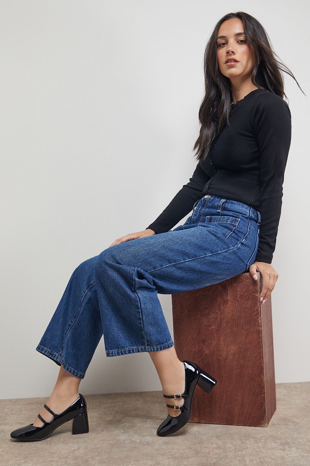 Oasis Visha Faux Patent Leather Double Mary Jane High Block Heel Court Shoes True Black