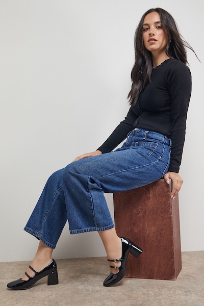 Oasis Visha Faux Patent Leather Double Mary Jane High Block Heel Court Shoes True Black