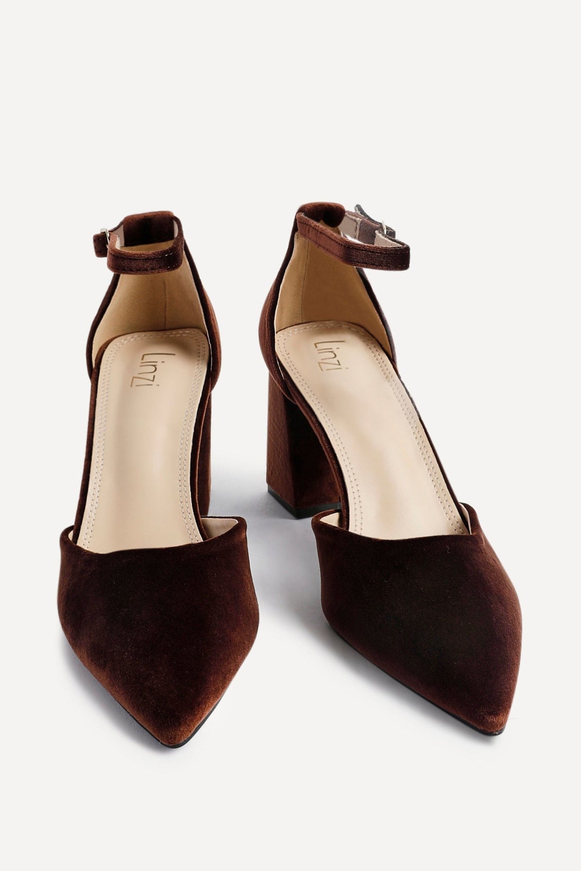 Linzi Glam Brown Velvet Pointed Block Heel Courts image 3