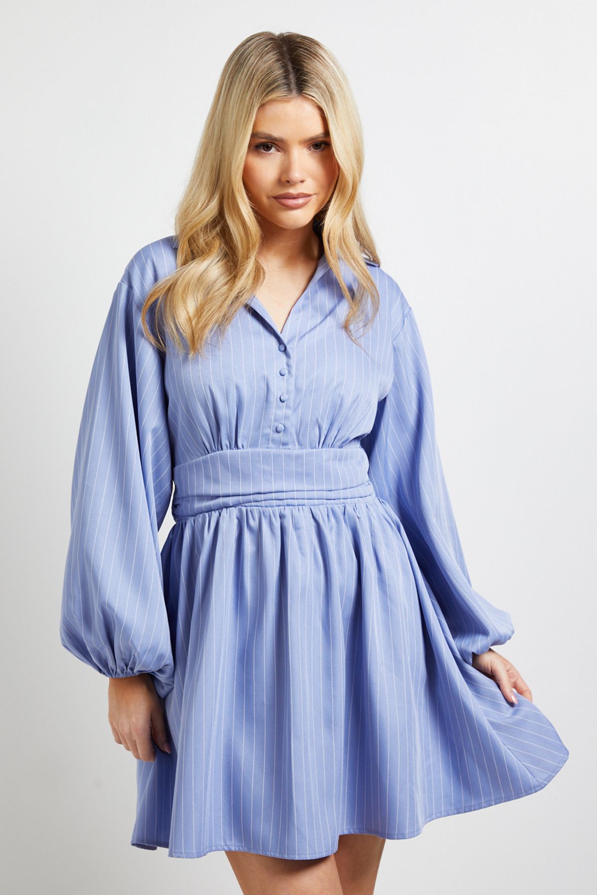 Dorothy Perkins Pinstripe Collar Detail Gathered Waist Mini Dress Blue