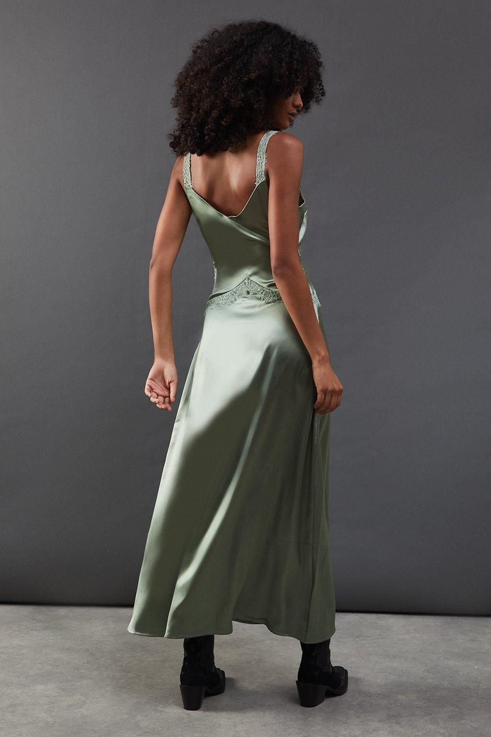 Warehouse Lace Panelling Satin Midi Dress Olive image 3