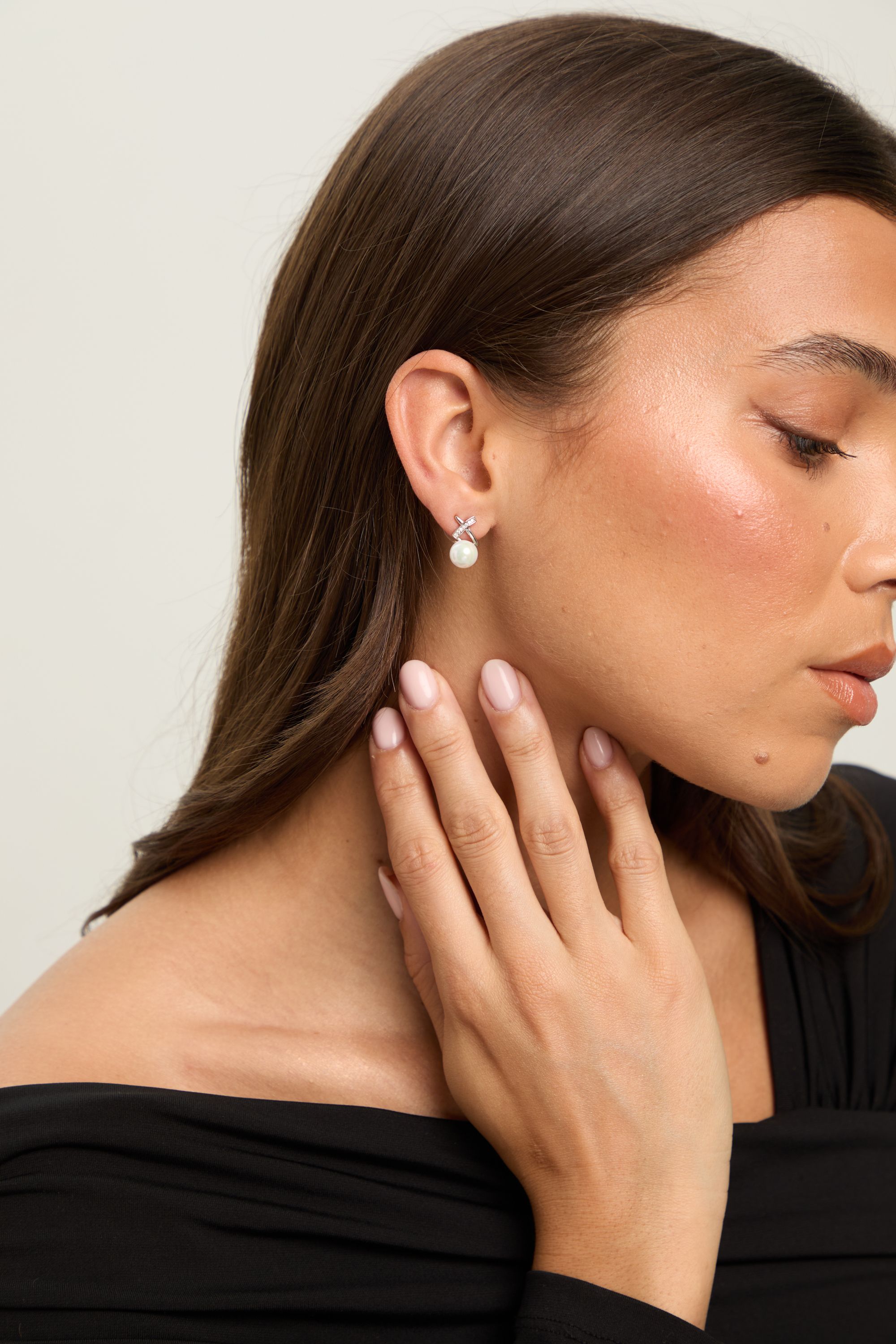 Jon Richard Rhodium Plated Pave and Pearl Kiss Stud Earrings image 2