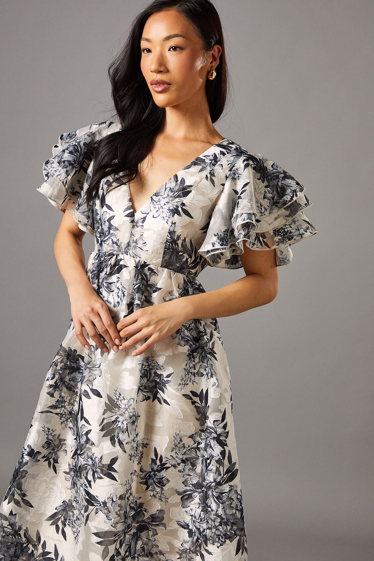 Coast V Neck Flutter Sleeve Jacquard Midi Dress Silver image 2