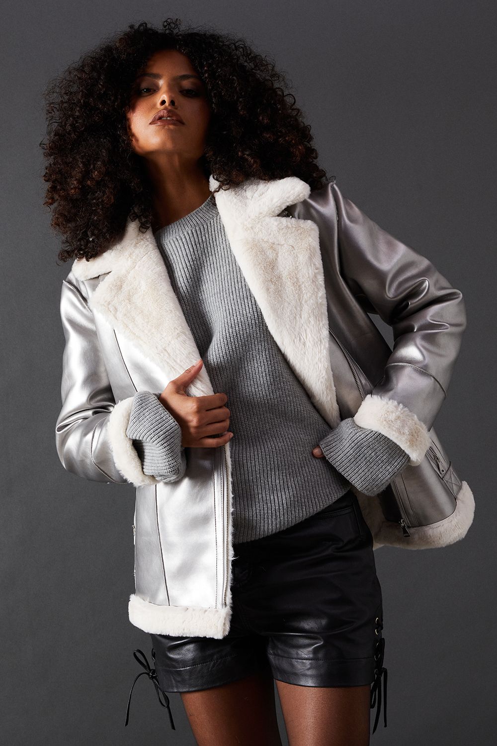 Warehouse Metallic Aviator Jacket Metallic Silver image 1