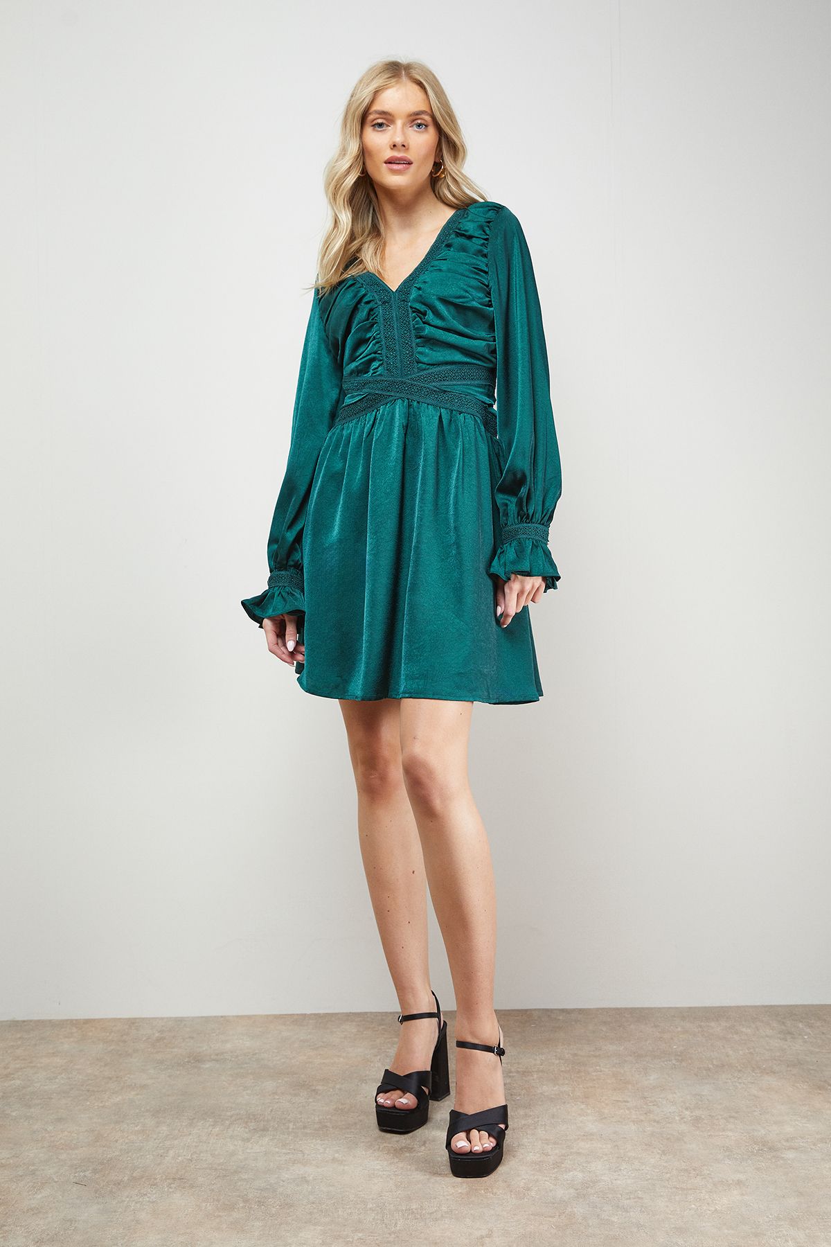 Oasis Lace Trim Gathered V Neck Mini Dress Forest