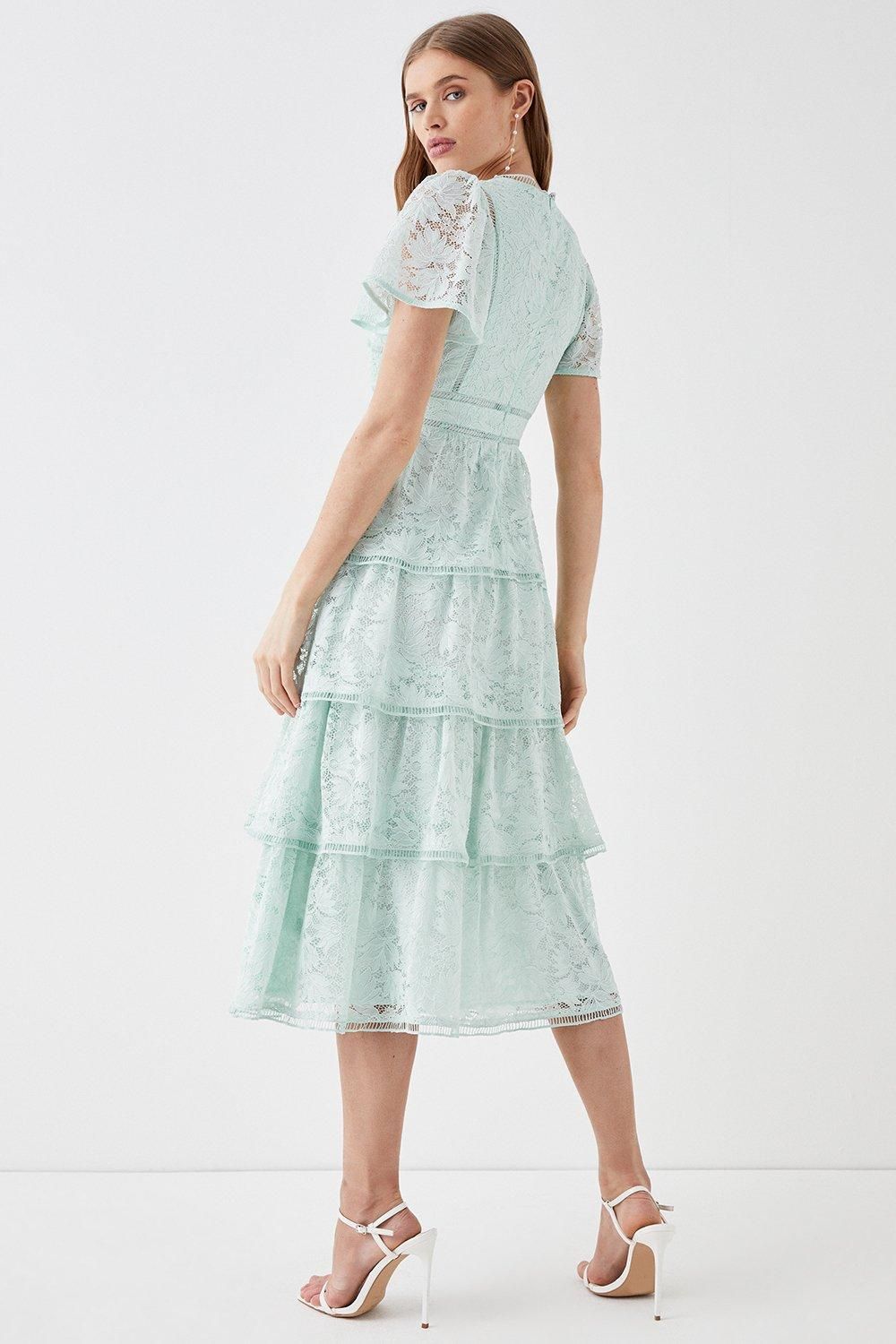 Coast Tiered Lace Dress With Flutter Sleeve & Trims Sage image 3
