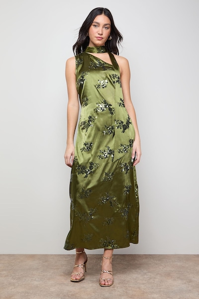 Oasis Sequin Satin Tie Neck Midi Slip Dress Olive