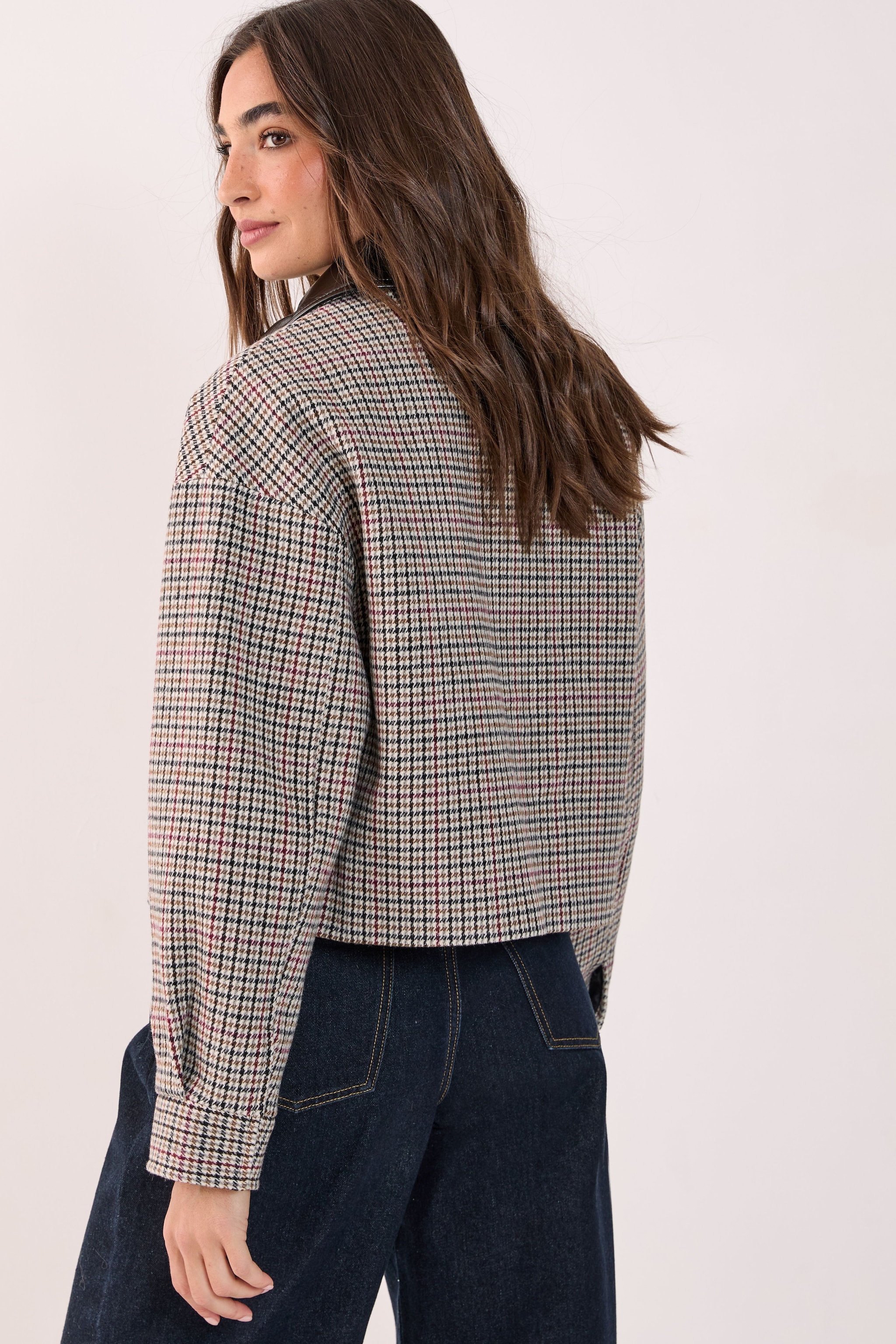 NastyGal Vinyl Collar Cropped Checked Jacket Brown image 3