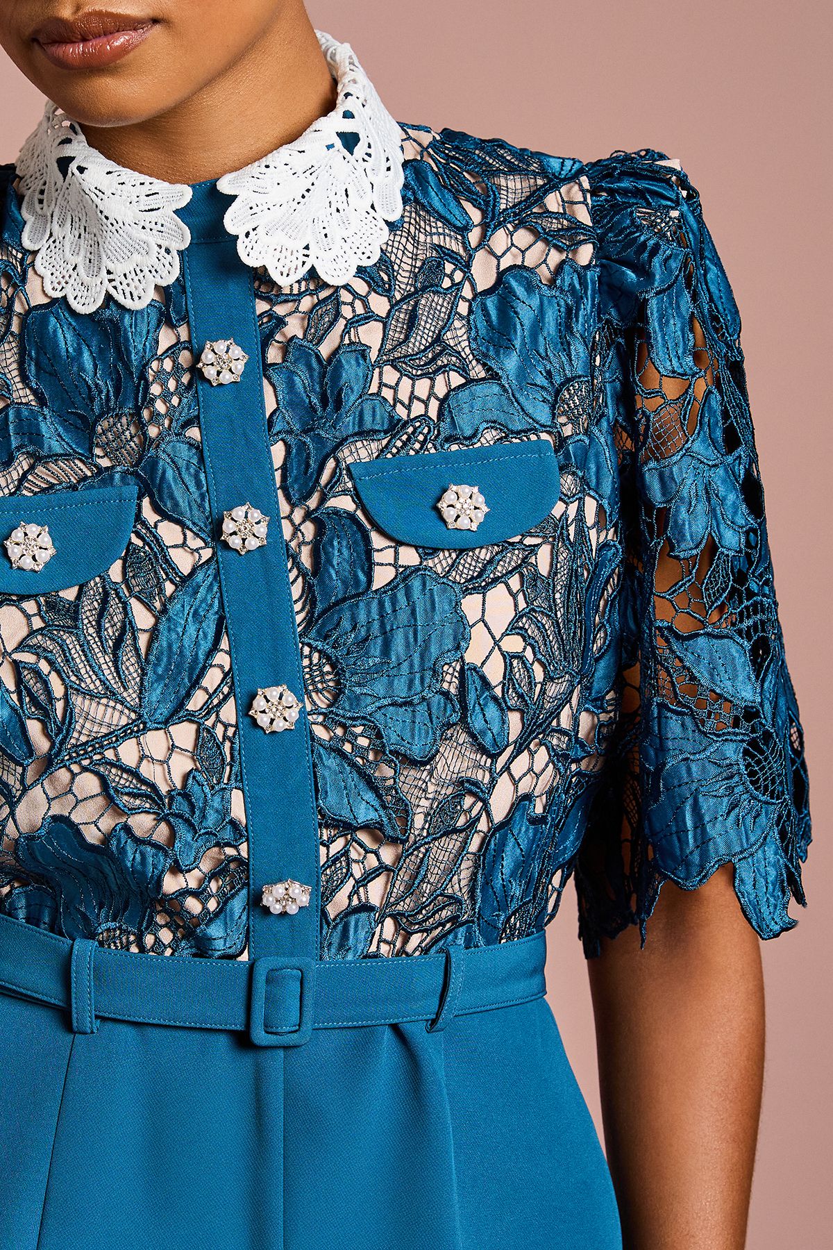 Coast Petite Lace Shirt Short Sleeve Jumpsuit Slate Blue image 5