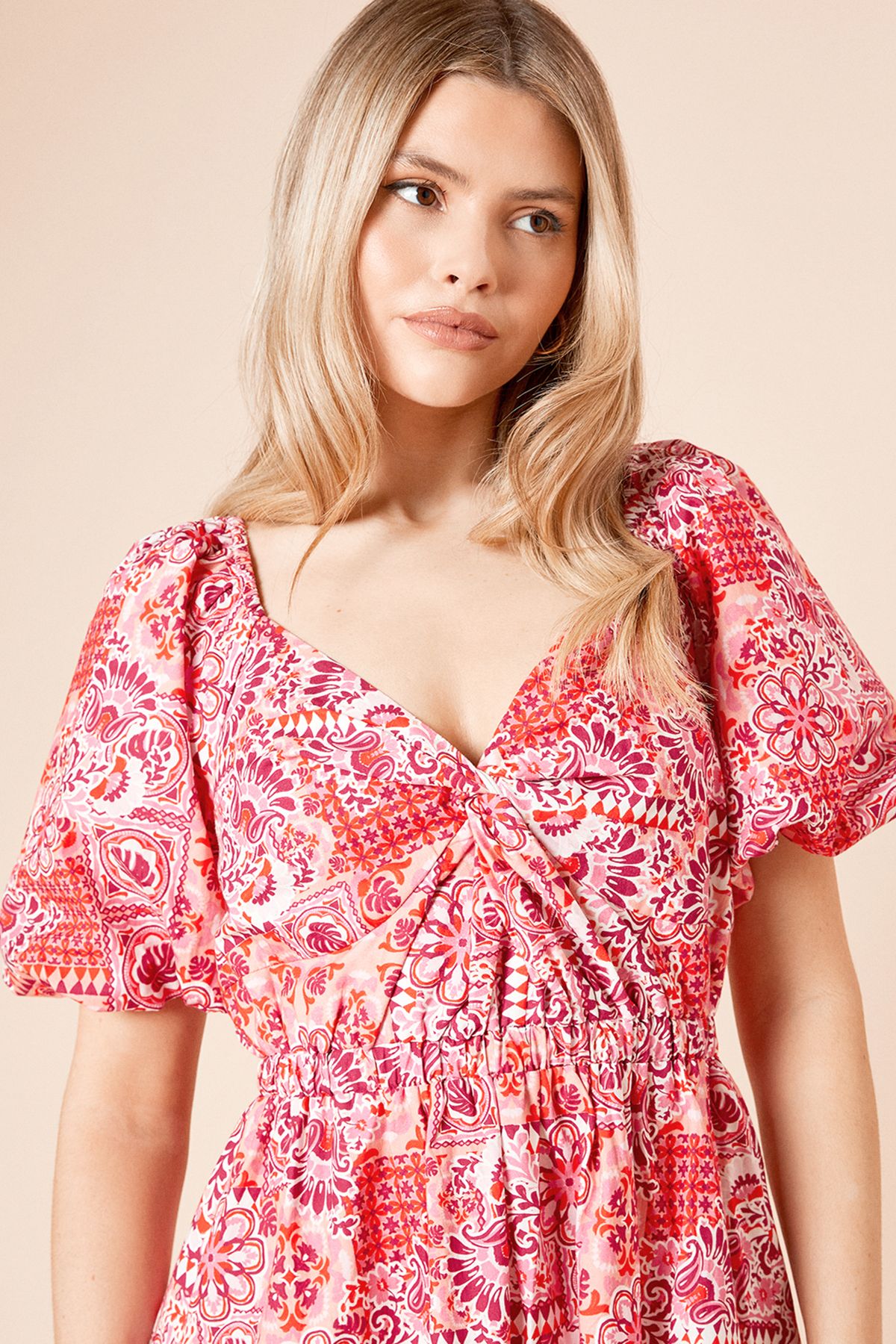 Dorothy Perkins Red Geo Poplin Twist Front Midi Dress Red image 2