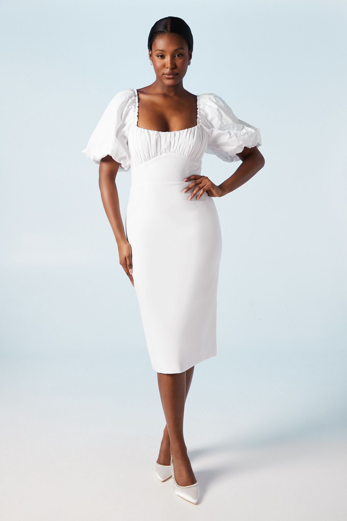 Coast Ruched Bodice Puff Sleeve Column Wedding Dress White image 1