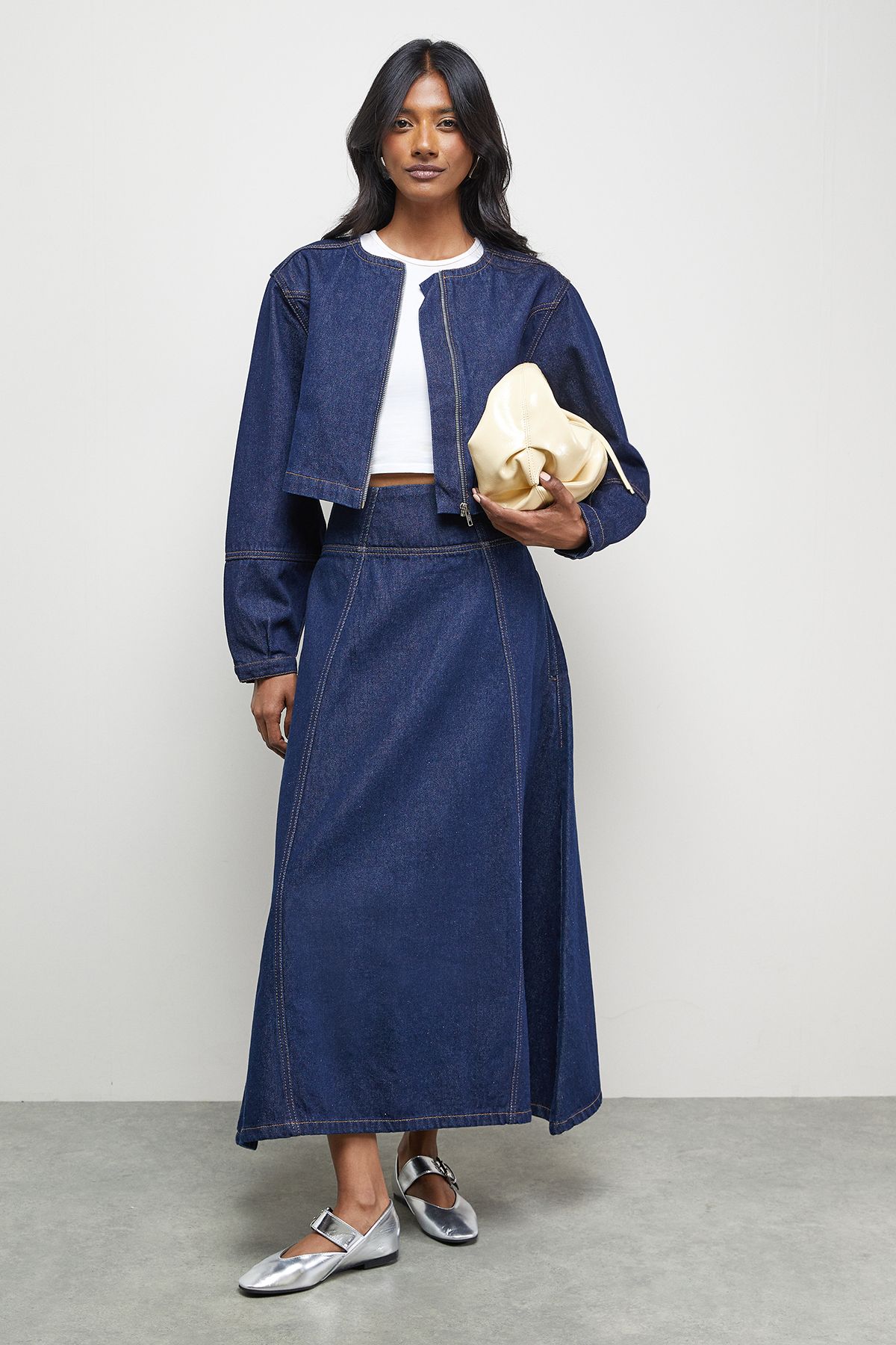 Warehouse Denim Zip Front Drawstring Hem Top Co-ord Indigo image 2