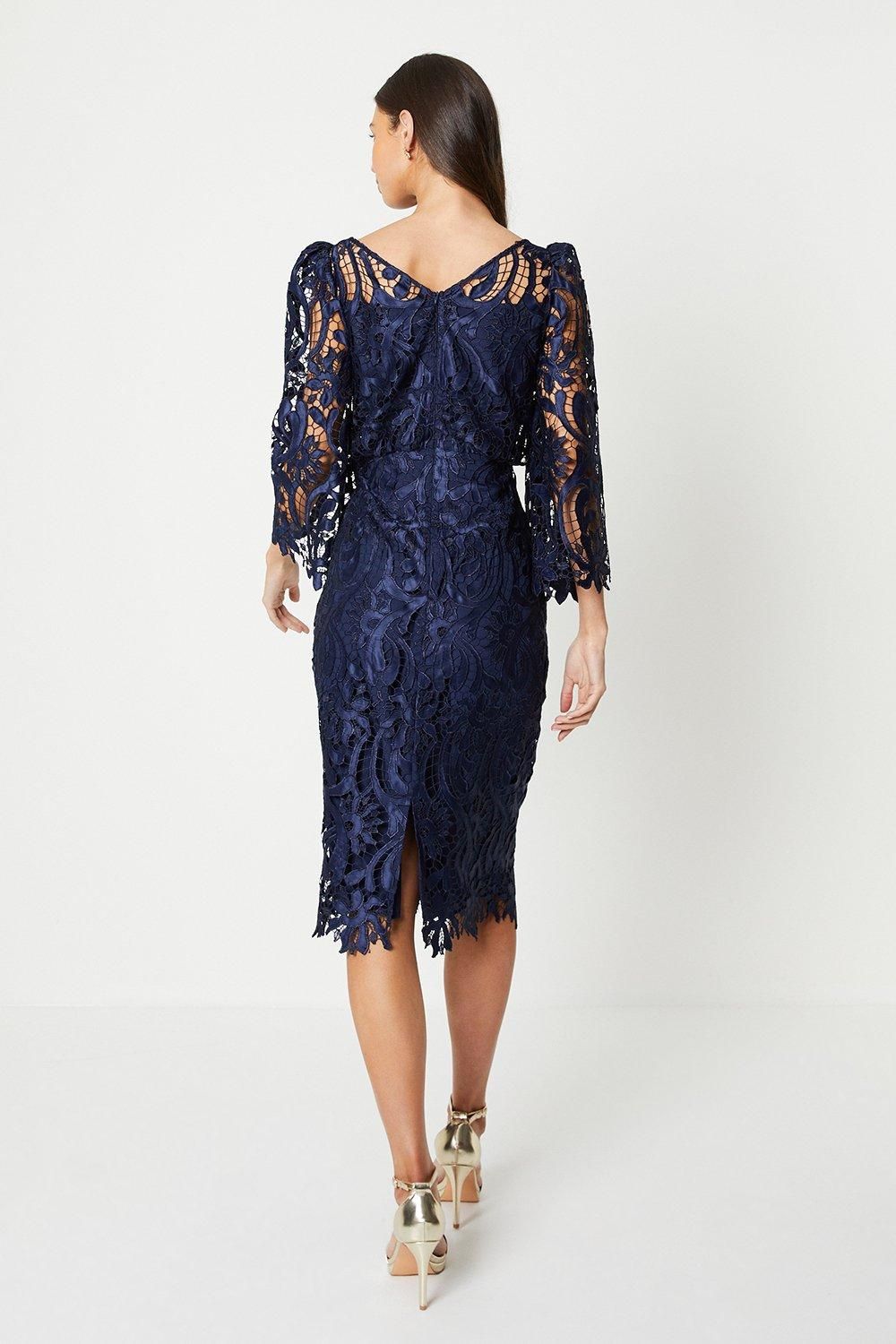 Coast Satin Lace Boat Neck Midi Dress With Fluted Sleeve Navy image 3