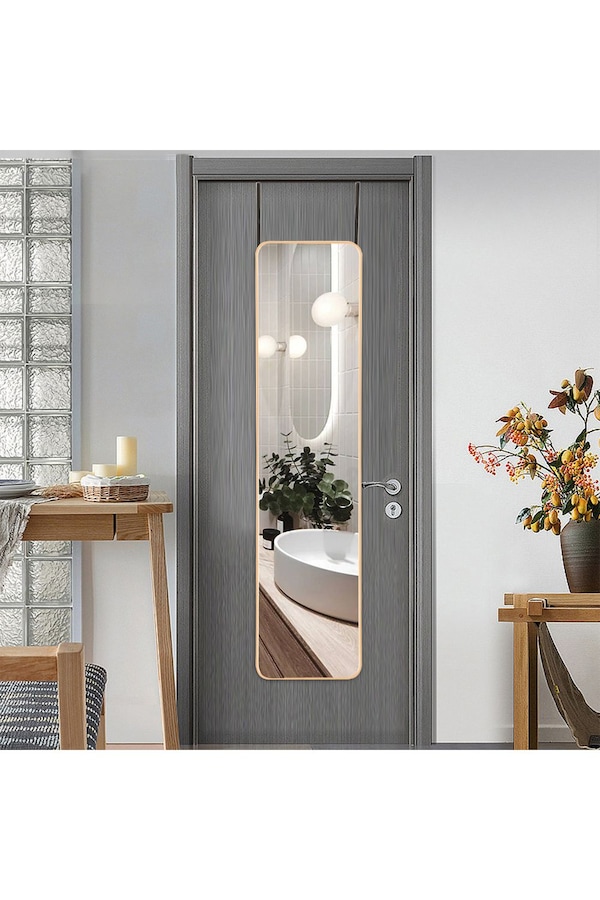 Living and Home Gold Rounded Rectangular Metal Frame Door/Wall Mount Mirror for Hallway, Bedroom & Bathroom, 28cm W x 118cm H