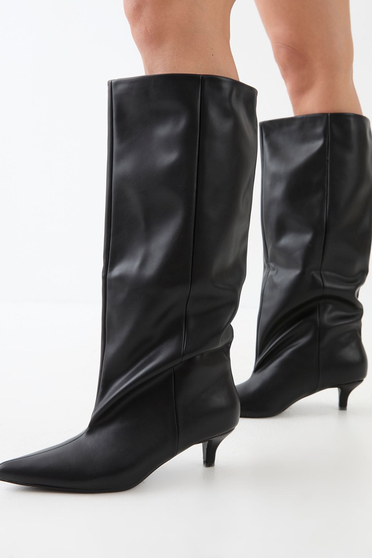 MissPap Low Stiletto Heel Knee High Boots Black image 1