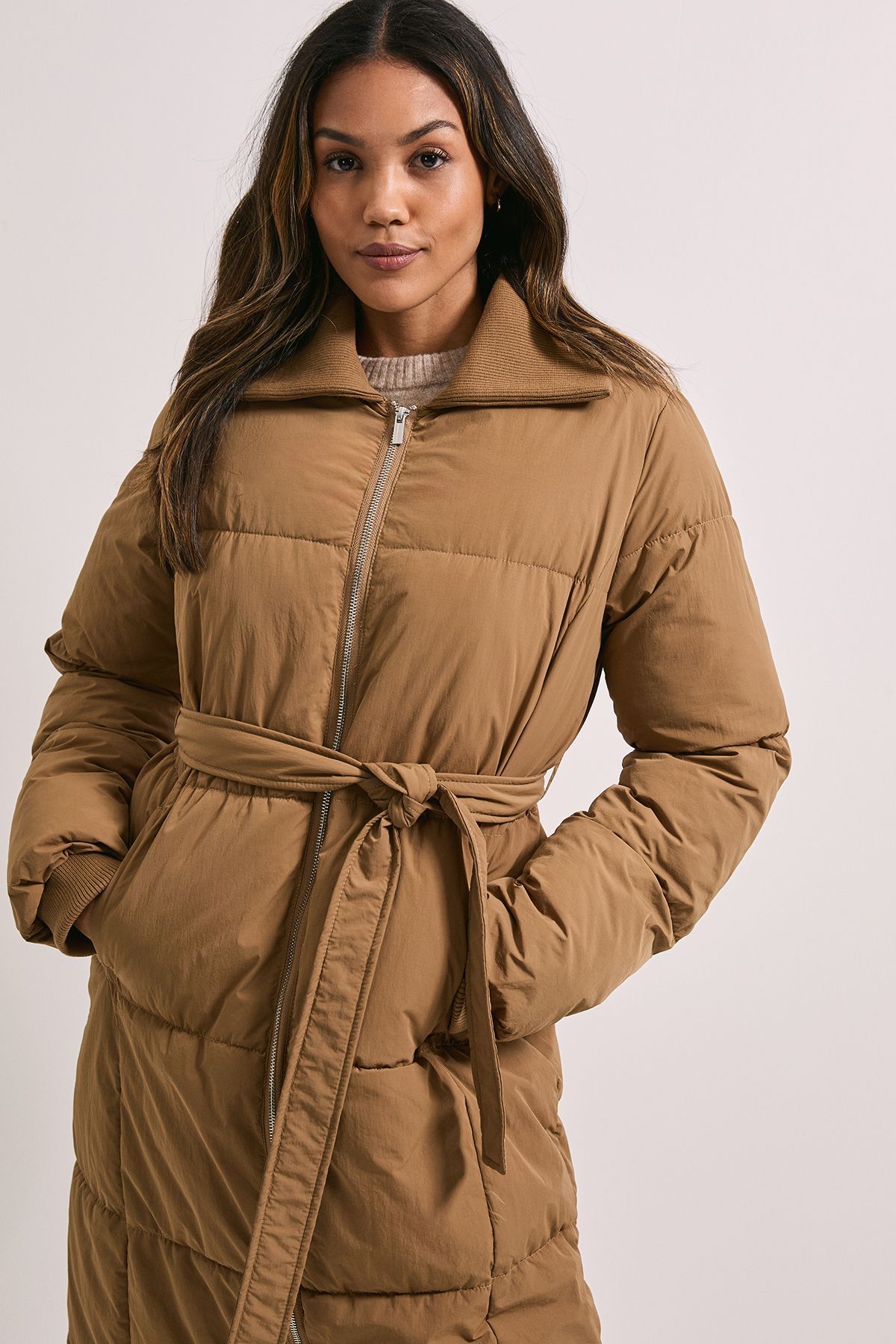 Dorothy Perkins Padded Knitted Collar Coat Camel image 4