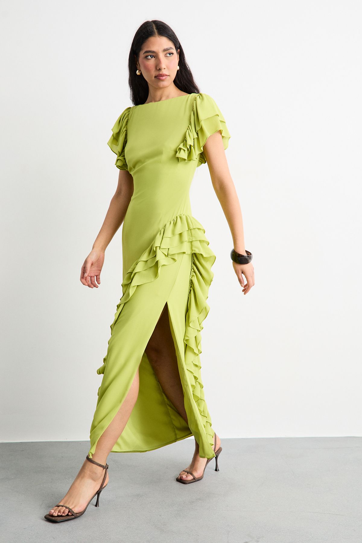 Warehouse Side Split Ruffle Detail Maxi Dress Lime