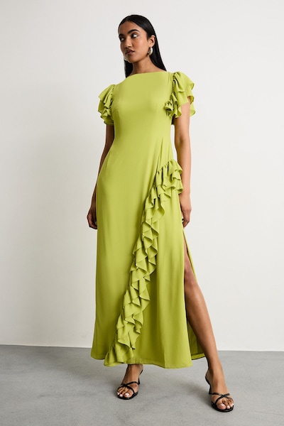 Warehouse Side Split Ruffle Detail Maxi Dress Lime