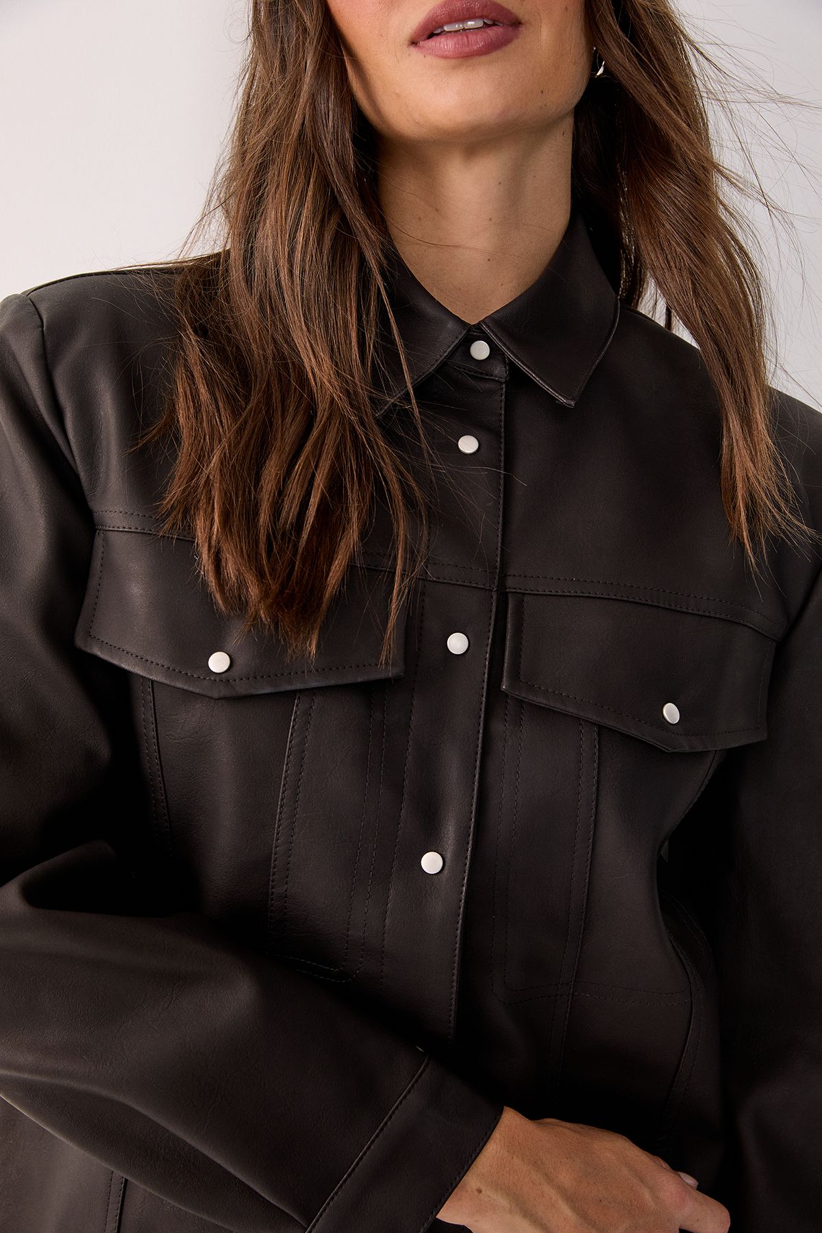 NastyGal Western Faux Leather Shoulder Pad Shirt Chocolate image 3