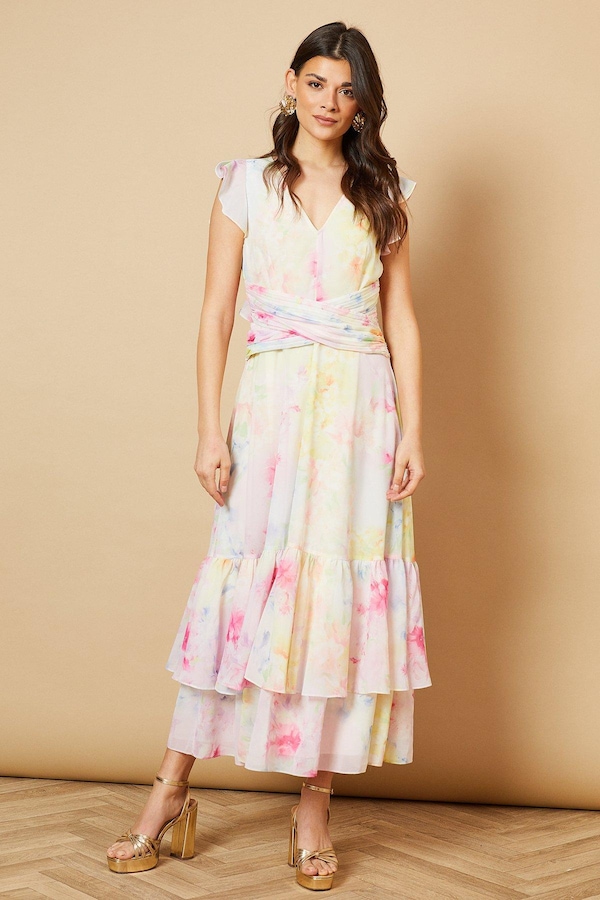 Oasis Printed Twist Front Detail Tiered Midi Dress Multi