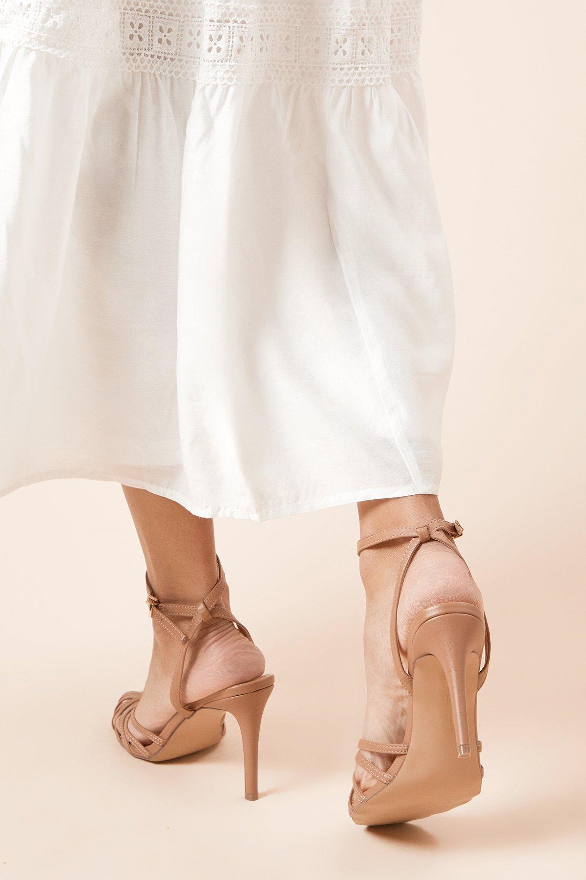 Dorothy Perkins Davey Faux Leather Caged Front High Heel Stiletto Court Shoes Camel image 3