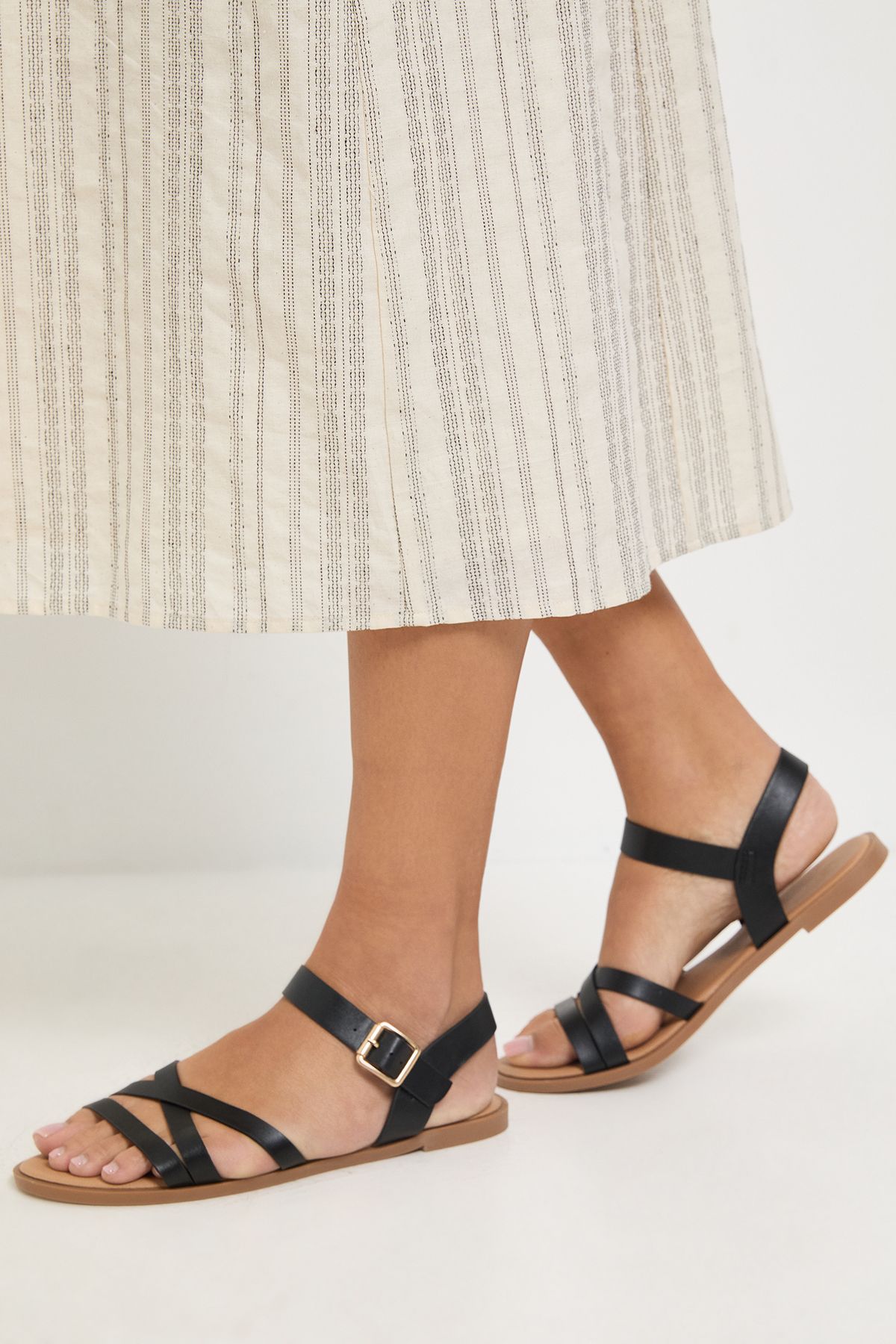 Dorothy Perkins Wide Fit Axela Faux Leather Cross Strap Padded Flat Sandals Black