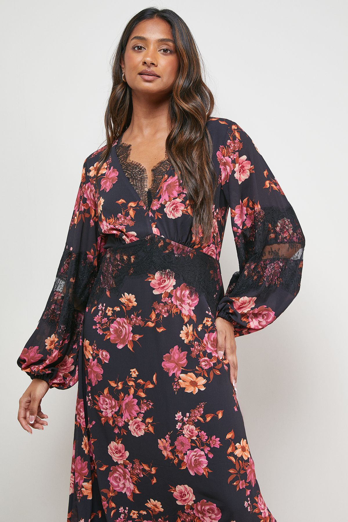 Oasis Printed Lace Insert Bias Midi Dress Floral image 2