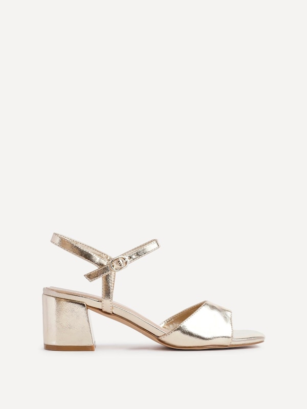 Linzi Darlene Gold Faux Leather Low Block Heeled Sandals