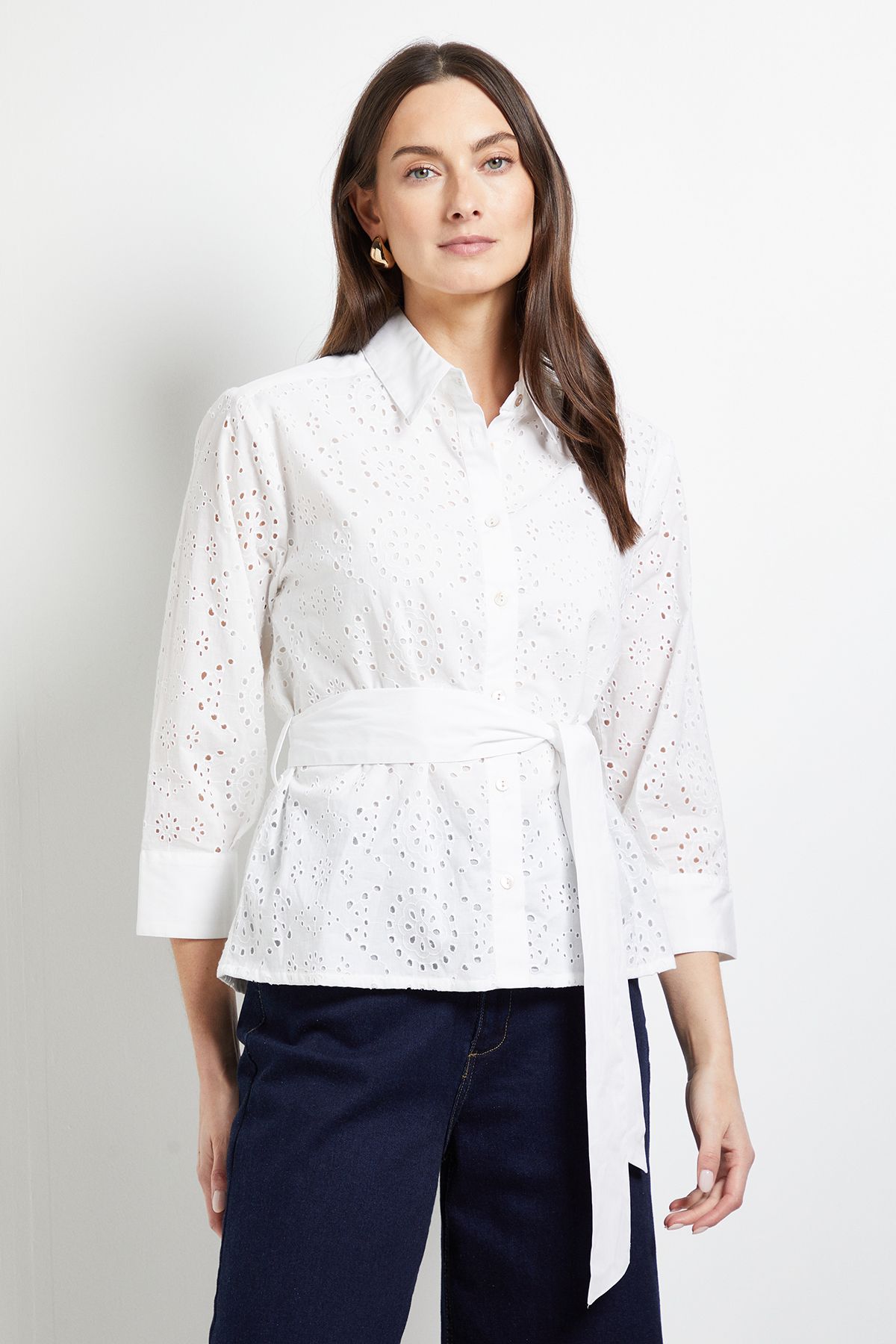 Principles Button Through Broderie Belted Shirt White