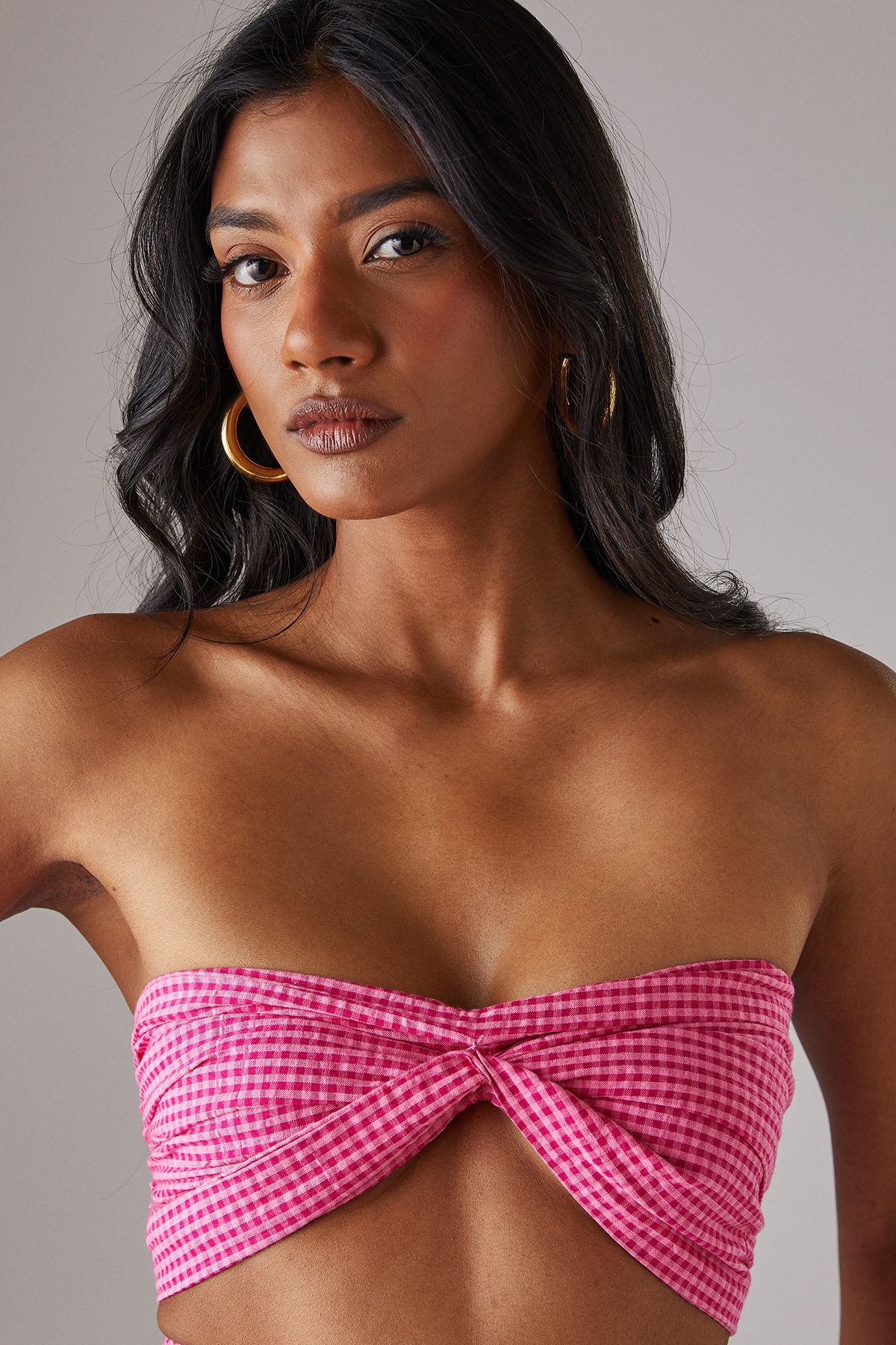 Warehouse Gingham Twist Front Bandeau Top Pink image 2