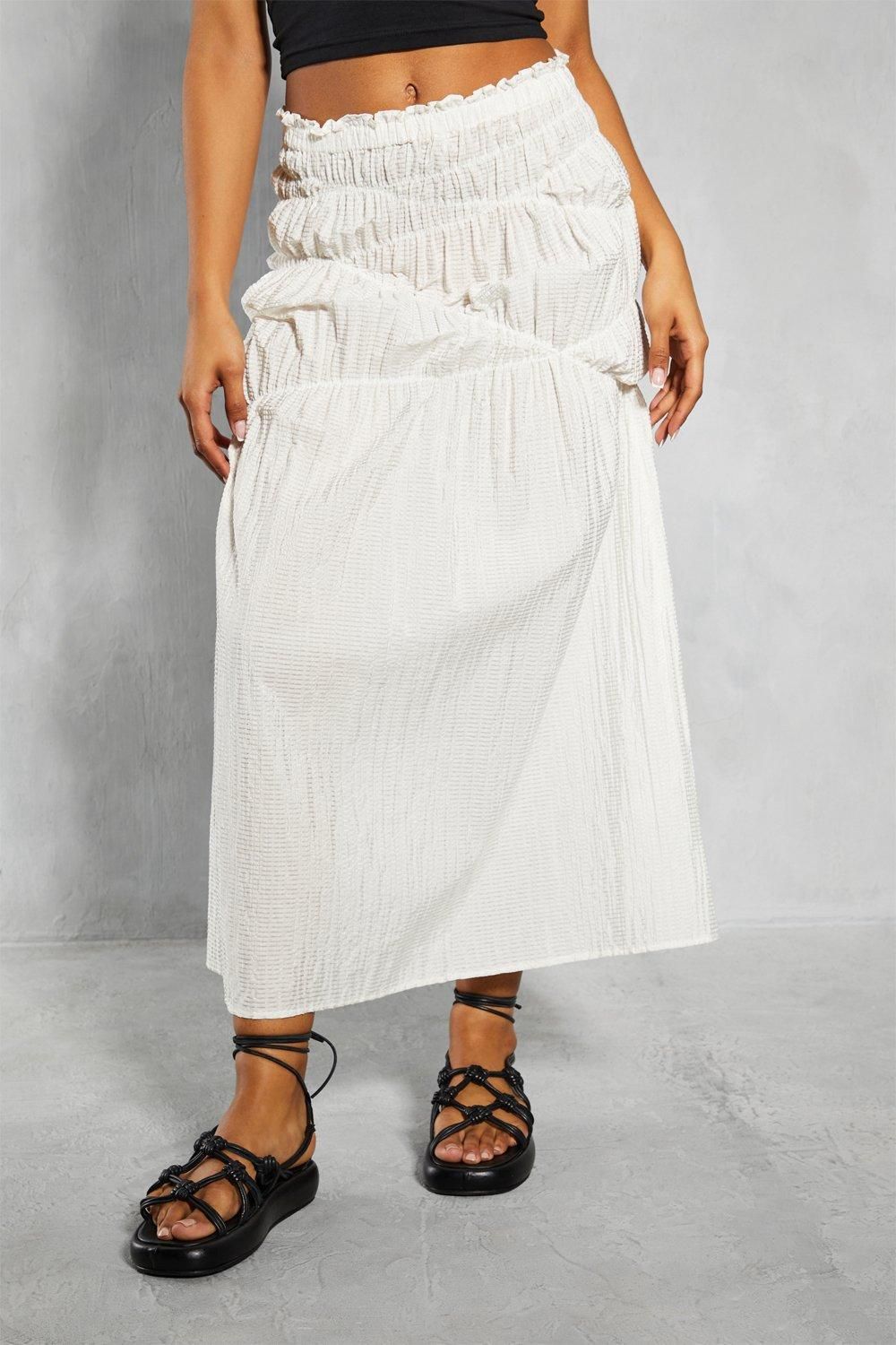 MissPap Elastic Detail Textured Maxi Skirt White image 2