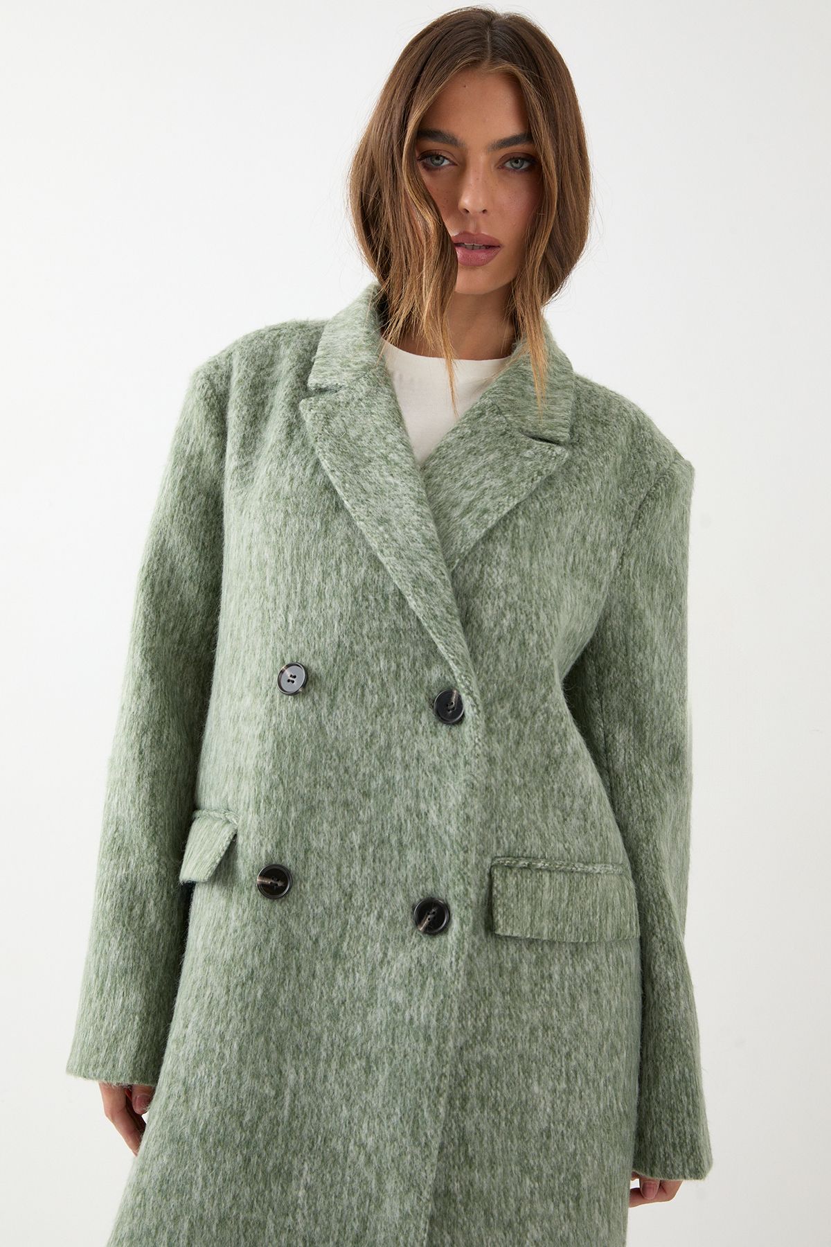 MissPap Wool Look Structured Shoulder Coat Olive image 4