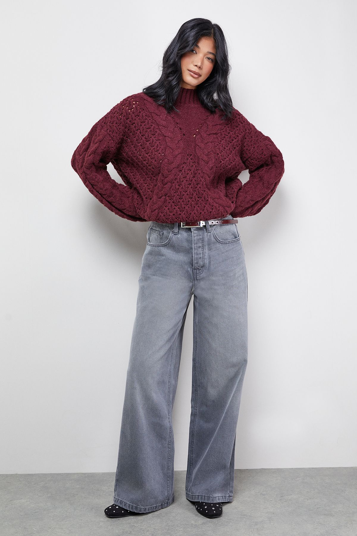 Warehouse Chunky Cable Knit Roll Neck Jumper Dark Red image 2