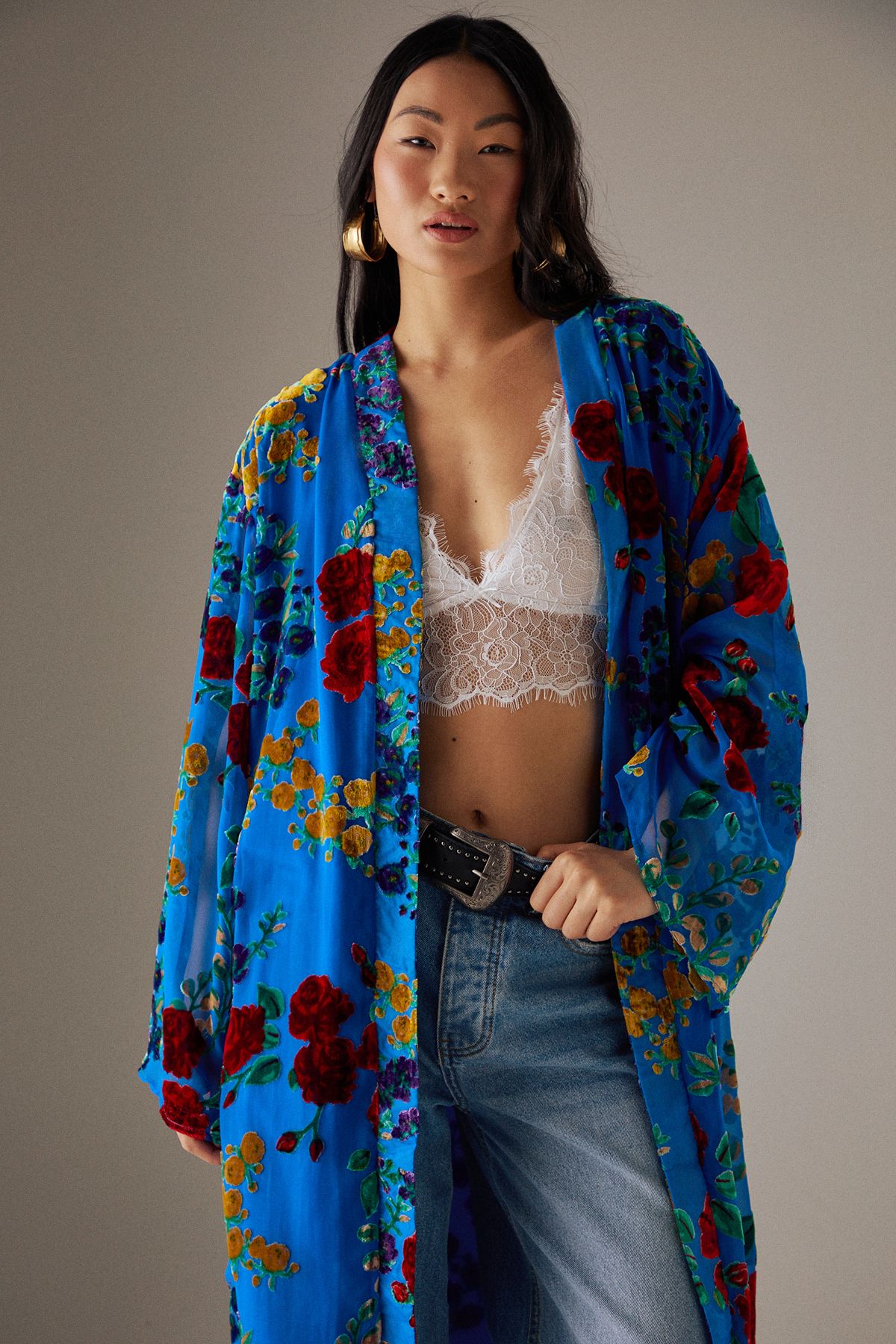 Warehouse Petite Premium Burnout Fringe Hem Midi Kimono Blue image 2