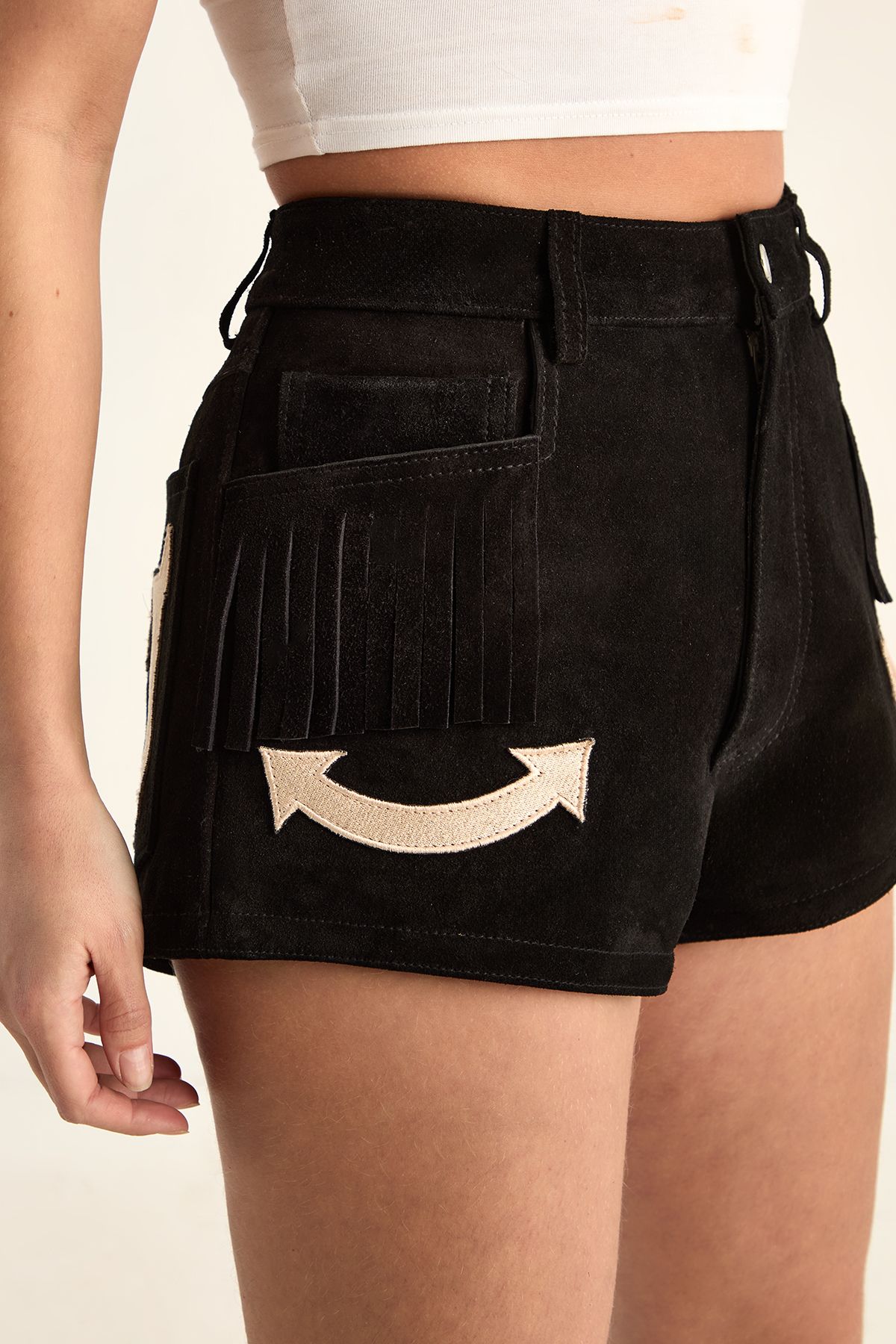 NastyGal Real Suede Western Embroidered Shorts Black image 2