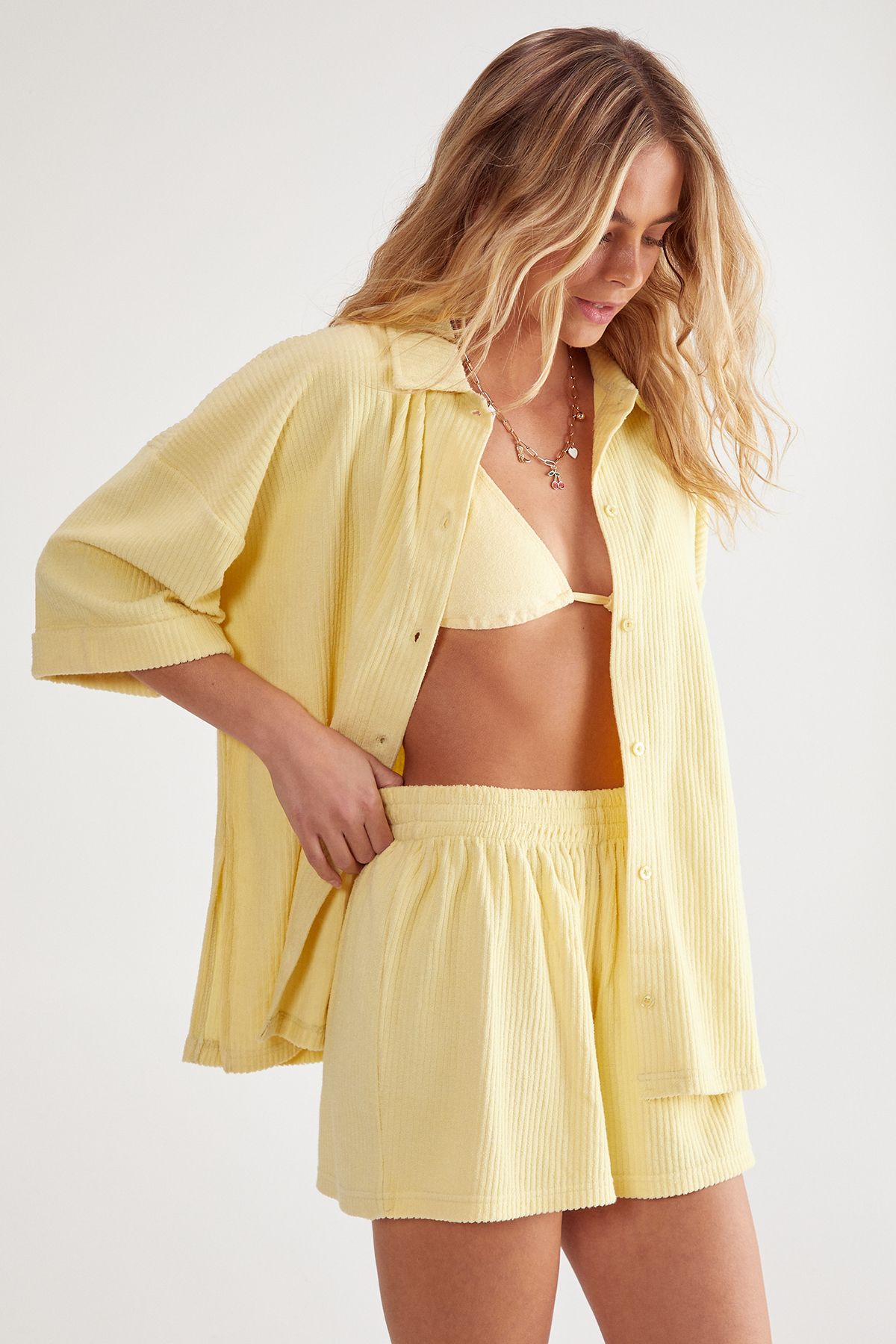 NastyGal Ribbed Toweling Beach Shirt and Shorts Two Piece Set Lemon image 1