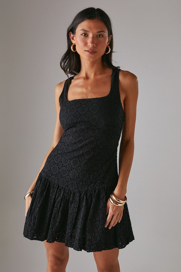 Warehouse Broderie Puff Ball Mini Dress Black