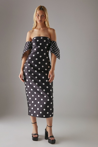Warehouse Spot Structured Puff Sleeve Bardot Midi Dress Mono