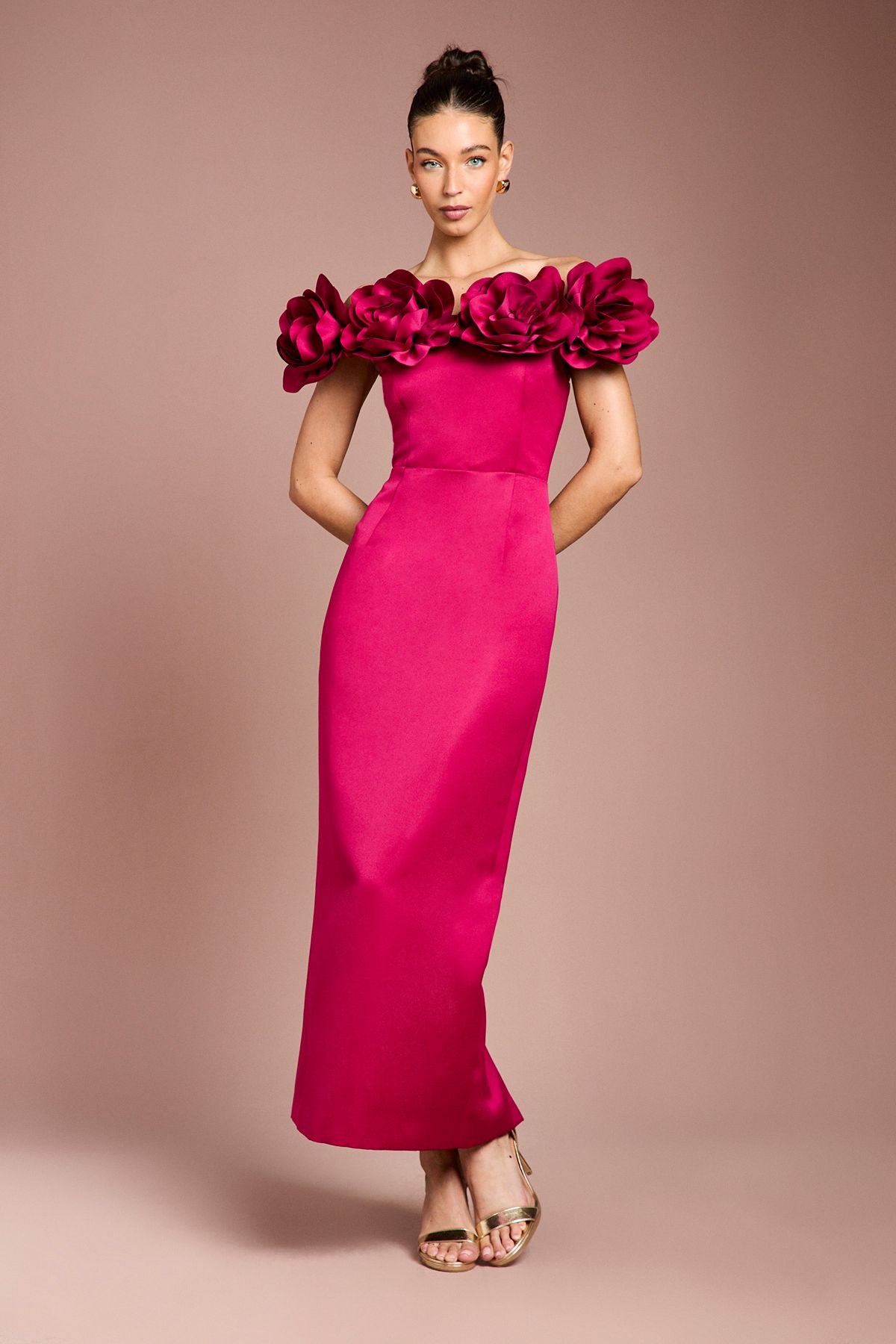 Coast 3D Corsage Structured Satin Maxi Dress Berry