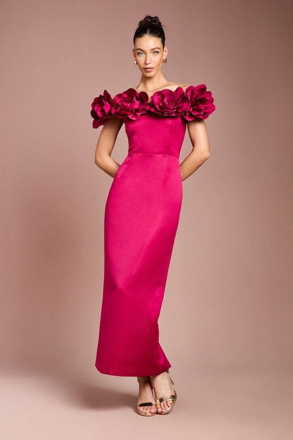 Coast 3D Corsage Structured Satin Maxi Dress Berry