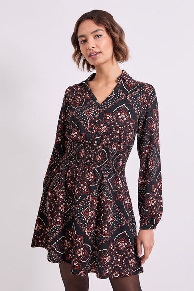 Dorothy Perkins Geo Shirred Waist Collar Detail Jersey Mini Dress Geo